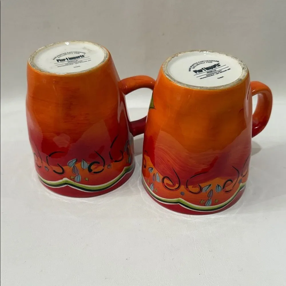 Pier 1 Vibrant Pasilla Red Yellow  2 Mug Set Vintage Pepper Design 3 In Round